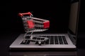 the laptop is open, there is an empty shopping cart on keyboard Royalty Free Stock Photo