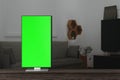 Laptop open to show green screen close up display in living room, 3D rendering
