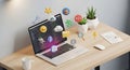 Laptop with colorful coding icons and plants on desk Royalty Free Stock Photo