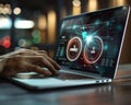 Laptop os update progress on virtual screen for software and system performance enhancement