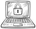 Laptop with padlock on screen. Hand drawn computer security concept in black and white Royalty Free Stock Photo
