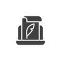 Laptop with paper scroll feather pen vector icon