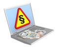 Laptop with paragraph sign, euro bills and handcuffs