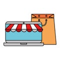 laptop with parasol and shopping bag Royalty Free Stock Photo