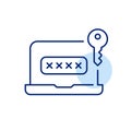 Laptop with password input box and key. Secure data access, computer user login. Pixel perfect vector icon