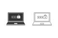 Laptop with password notification and lock line icon set isolated. Concept of security, personal access. Vector Royalty Free Stock Photo