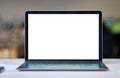 Laptop pc big white blank screen digital mockup empty template display on desk. Royalty Free Stock Photo