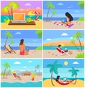 Laptop and People by Seaside Vector Illustration Royalty Free Stock Photo