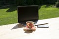 Laptop, phone and beautiful porcelain cup of tea stand on light wooden table in green garden. Royalty Free Stock Photo