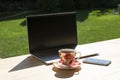 Laptop, phone and beautiful porcelain cup of tea stand on light wooden table in green garden. on sunny morning.