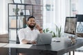 Laptop, phone call and contact with a business man at his desk in the office for communication or networking. Computer