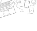Laptop, phone, Cup of coffee, a notebook and a flower on desktop the top view. Colorless vector illustration in sketch