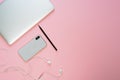 Laptop Phone Earphone Pink Minimal Top Flat Lay