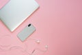Laptop Phone Earphone Pink on Minimal Top Layout