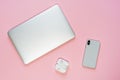 Laptop Phone Earphone Pink Workplace Top Down View