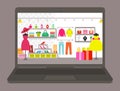 Laptop with a photo of the wardrobe. Various items of clothing hang on hangers vector illustration