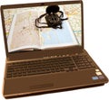 Laptop with the picture of a map and a compass on it isolated on a white background Royalty Free Stock Photo