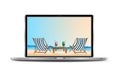Laptop with picture of sea coast, beach. The concept of online booking, ordering online summer beach tours in the Royalty Free Stock Photo