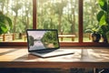 Laptop on Table Against Window Backdrop, Showcasing Remote Work in Nature Setting Royalty Free Stock Photo