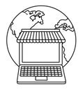 Laptop planet shopping online icon. Vector graphic