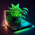 Laptop with plant on the screen. Vector illustration in neon style AI generated