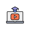 Laptop with play button, educational video, online learning flat color line icon Royalty Free Stock Photo