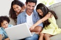 Laptop, pointing and happy family father, children or people gesture at online website, social network video or meme