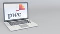 Laptop with PricewaterhouseCoopers PwC logo. Computer technology conceptual editorial 3D rendering