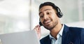 Laptop, problem solving and business man in call center with headset for customer support or service. Smile, computer Royalty Free Stock Photo