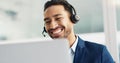 Laptop, problem solving and business man in call center with headset for customer support or service. Smile, computer Royalty Free Stock Photo