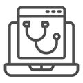 Laptop program page with stethoscope line icon, pcrepair concept, laptop vector sign on white background, program page