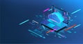 Laptop with programming code and cloud storage in isometric. Futuristic banner Royalty Free Stock Photo