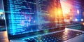 Laptop with Programming Code on Screen and Glowing Keyboard - Technology, Innovation, Software Development, Coding, Digital Royalty Free Stock Photo