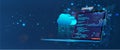 Laptop with programming code on screen with software development UI and saving data to cloud storage. Web coding and Royalty Free Stock Photo