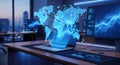 Laptop Projecting Holographic World Map with Global Data Visualization in Modern Office Environment Royalty Free Stock Photo