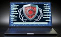 Laptop protected with shield and binary code. illustration