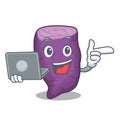 With laptop purple sweet potato isolated with character