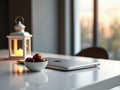 Laptop with Ramadan Lantern and Dates on White Desk in Sunlit Room Royalty Free Stock Photo