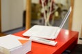 A laptop in the reading room of the public library. Royalty Free Stock Photo