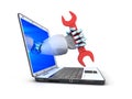 Laptop and red key in robot hand Royalty Free Stock Photo