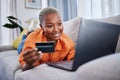 Laptop, relax or black woman online shopping with credit card for digital product with discount code. Smile, promo or Royalty Free Stock Photo