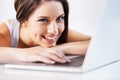 Laptop, relax or face of happy woman in office typing, writing email or web surfing for research analysis. Internet Royalty Free Stock Photo