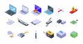 Laptop repair icons set isometric vector. Technician repair