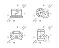 Laptop repair, Time management and Car icons set. Scroll down sign. Computer service, World clock, Transport. Vector