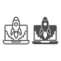 Laptop and Rocket Launch line and solid icon, startup concept, Site launch sign on white background, rocket launching