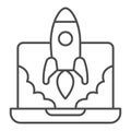 Laptop and Rocket Launch thin line icon, startup concept, Site launch sign on white background, rocket launching from