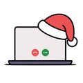 Laptop with santa hat and video call interface icons. Royalty Free Stock Photo