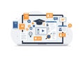 Laptop screen with digital educational elements including a graduation cap, video Royalty Free Stock Photo