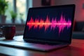 Laptop screen displaying abstract waveform audio, screen, technology Royalty Free Stock Photo