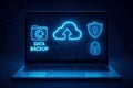 Laptop Screen Displaying Cloud Data Backup and Security Icons computer Royalty Free Stock Photo